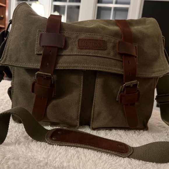 Military Green Canvas Crossbody Bag with Brown Leather Straps - Picture 3 of 11